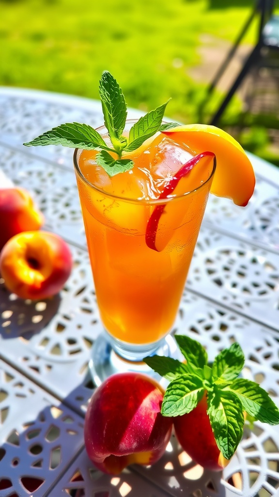 A glass of peach tequila iced tea with peach slices and mint, on a sunny table.